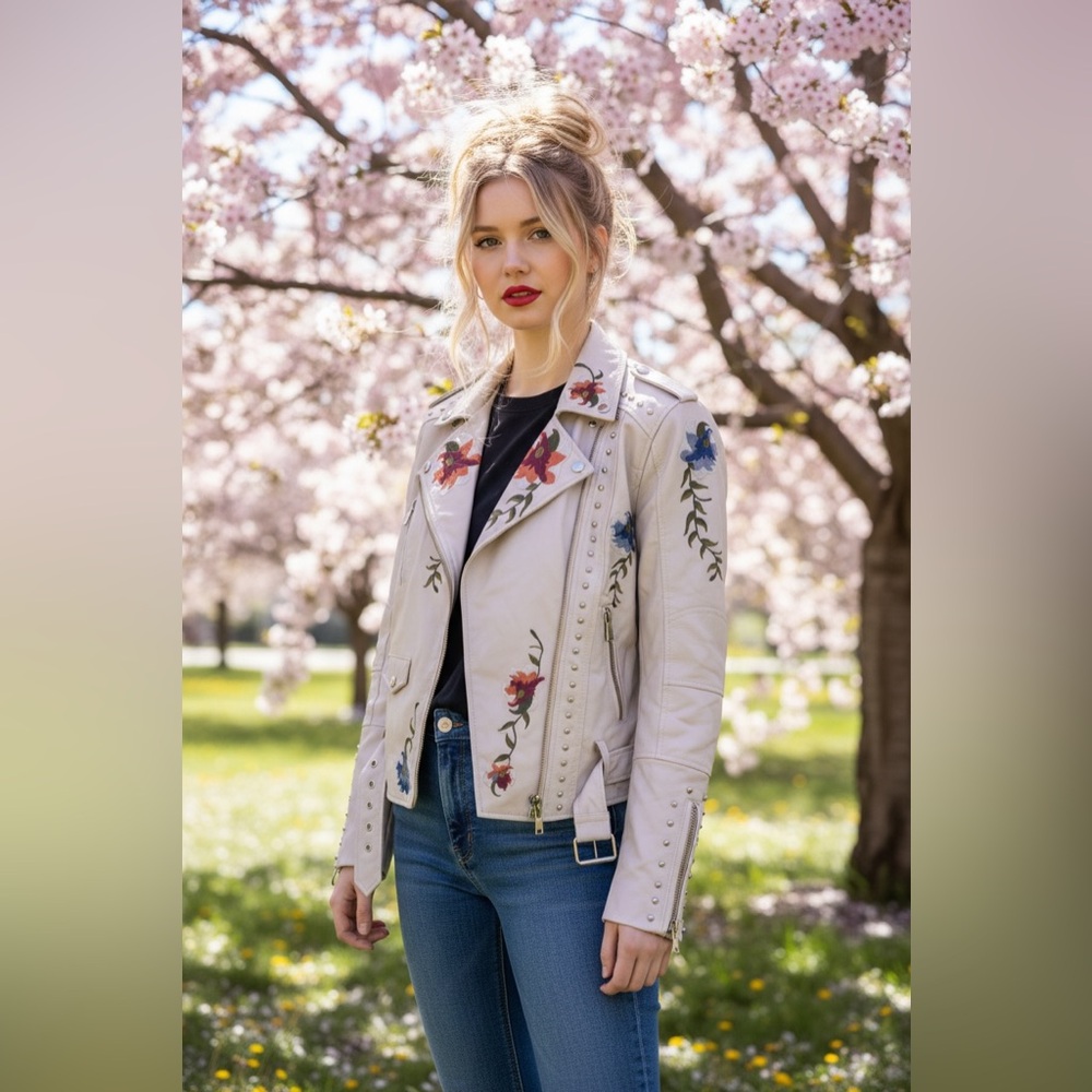Embroidered Floral Moto Jacket Studded Boho Biker Faux Leather BOB Y Clothing M